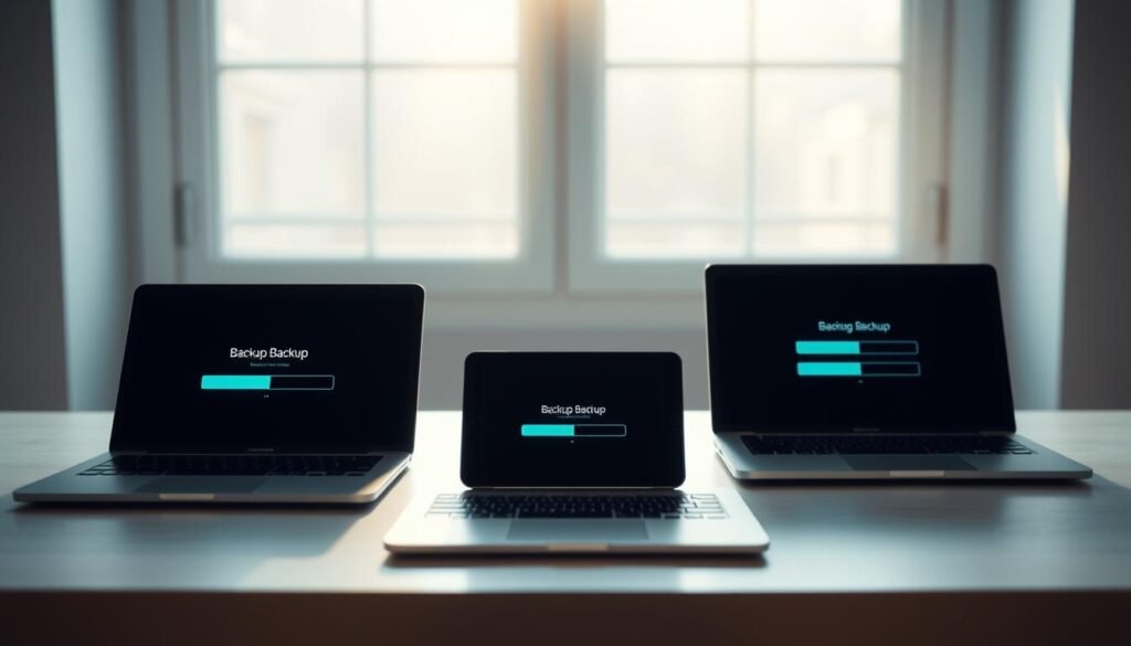 A serene and minimalist workspace with a laptop, tablet, and smartphone in perfect synchronization, their screens displaying mirrored backup progress bars. Soft natural lighting filters through large windows, casting a warm glow on the scene. The devices are arranged with intentional symmetry, conveying a sense of harmony and seamless data transfer. The background is a subtle, blurred gradient in calming shades of blue, emphasizing the focus on the synchronized devices. The overall mood is one of efficiency, reliability, and technological integration.