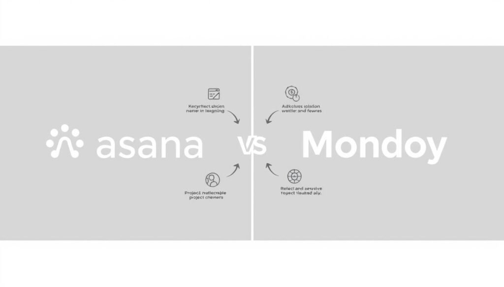 A side-by-side comparison of the Asana and Monday project management software platforms, depicted in a crisp, clean, and professional manner. The foreground features the two logos prominently displayed, with a sleek and modern design aesthetic. The middle ground showcases key features and functionalities of each platform, represented through minimalist icons and infographic-style elements. The background is a subtle, neutral-toned gradient, allowing the focal points to stand out. The overall composition is balanced, visually appealing, and effectively communicates the comparative nature of the two tools.