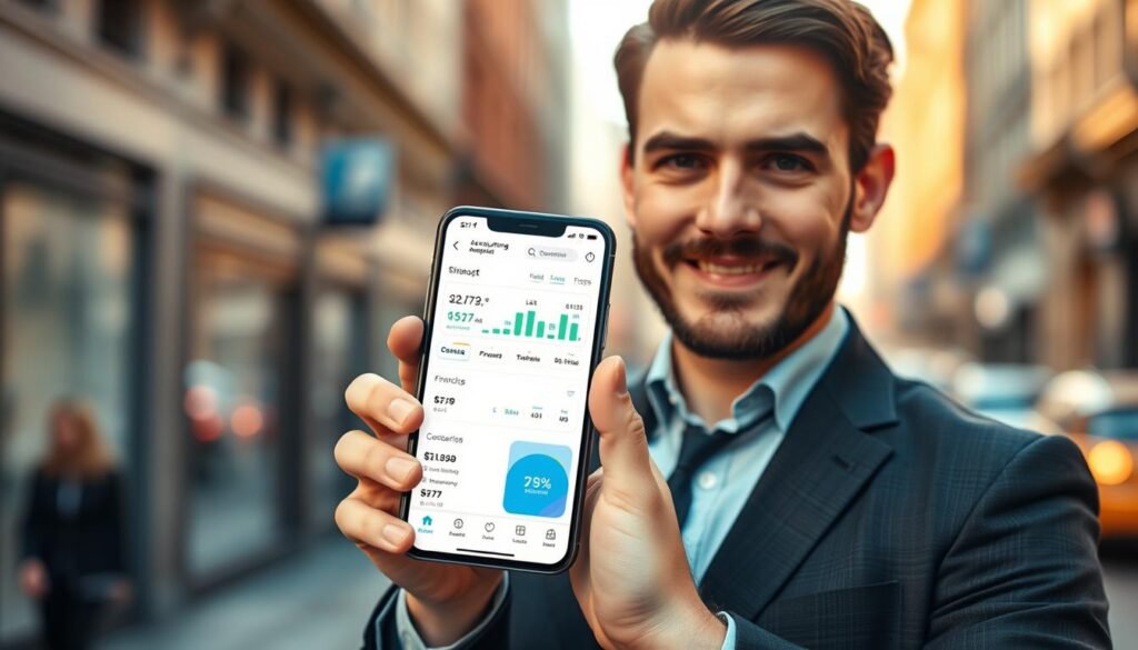 A sleek and modern mobile accounting app interface, with a clean and intuitive design. The screen displays a dashboard of key financial metrics, transaction history, and easy-to-use navigation. The app is held in the hand of a well-dressed professional, against a blurred backdrop of a bustling city street, conveying the sense of accounting on-the-go. Warm, natural lighting casts a soft glow on the device, and the user's expression reflects a sense of confidence and control over their financial matters. The overall mood is one of efficiency, mobility, and the empowerment of small business owners. A sleek and modern mobile accounting app interface, with a clean and intuitive design. The screen displays a dashboard of key financial metrics, transaction history, and easy-to-use navigation. The app is held in the hand of a well-dressed professional, against a blurred backdrop of a bustling city street, conveying the sense of accounting on-the-go. Warm, natural lighting casts a soft glow on the device, and the user's expression reflects a sense of confidence and control over their financial matters. The overall mood is one of efficiency, mobility, and the empowerment of small business owners.
