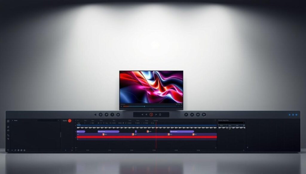 A sleek and modern video editing interface with a clean, intuitive layout. The foreground features the main workspace, populated with a timeline, media bins, and various editing tools. The middle ground showcases a 3D preview window, displaying a dynamic video clip with vivid colors and crisp details. The background is a minimalist design, with subtle gradient patterns and muted tones that create a sense of depth and professionalism. Soft, directional lighting illuminates the scene, casting gentle shadows and highlights that accentuate the software's advanced features. The overall atmosphere conveys speed, efficiency, and the power of CyberLink PowerDirector for advanced video editing on high-performance PCs.