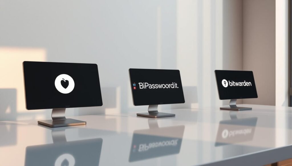 A sleek, minimalist workspace with three state-of-the-art password managers displayed on modern, floating screens. The password manager logos - 1Password, Bitwarden, and a generic alternative - are rendered in high resolution, casting soft shadows on the clean, reflective surface. Warm, directional lighting from the side accentuates the elegant design, creating a sense of depth and dimension. The overall composition is balanced, inviting the viewer to closely examine and compare the features of these top password management solutions.