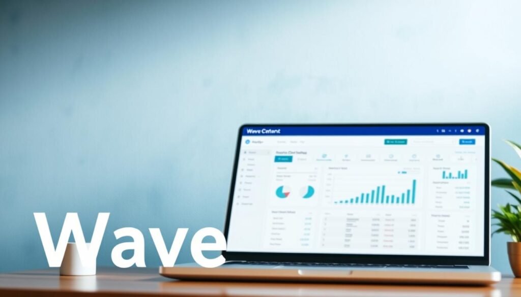 A sleek, modern accounting software interface with the "Wave" logo prominently displayed. The foreground features clean, minimalist iconography and user-friendly navigation elements. The middle ground showcases a well-organized dashboard with intuitive financial data visualizations. The background has a subtle, textured gradient in shades of blue and gray, evoking a sense of professionalism and trust. The lighting is soft and diffused, creating a warm, inviting atmosphere. The camera angle is slightly elevated, giving the viewer a comprehensive overview of the software's functionality and design. A sleek, modern accounting software interface with the "Wave" logo prominently displayed. The foreground features clean, minimalist iconography and user-friendly navigation elements. The middle ground showcases a well-organized dashboard with intuitive financial data visualizations. The background has a subtle, textured gradient in shades of blue and gray, evoking a sense of professionalism and trust. The lighting is soft and diffused, creating a warm, inviting atmosphere. The camera angle is slightly elevated, giving the viewer a comprehensive overview of the software's functionality and design.