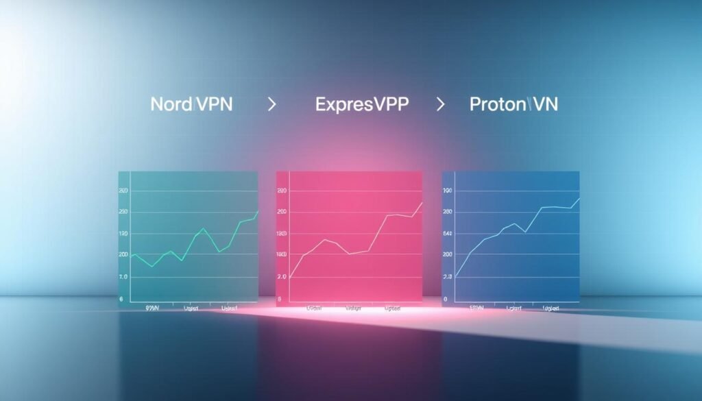 A sleek, modern data visualization comparing the download and upload speeds of three leading VPN services - NordVPN, ExpressVPN, and ProtonVPN. The scene is set against a clean, minimalist background with a subtle grid pattern, conveying professionalism and technical expertise. In the foreground, three dynamic line graphs depict the speed test results for each VPN, using a color-coded scheme to differentiate the providers. The graphs are presented with clear, legible labeling and axis scales, allowing for easy interpretation of the performance data. Soft, directional lighting casts an authoritative glow over the scene, emphasizing the importance of the speed comparison. The overall mood is one of clarity, precision, and technological prowess, perfectly suited to illustrate the "Speed and Performance Analysis" section of the article.
