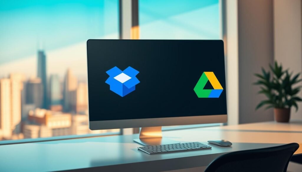 A sleek, modern office setup with a large desktop computer on a clean, minimalist desk. In the foreground, two file folder icons - one labeled "Dropbox" and the other "Google Drive" - hover above the computer, casting soft shadows. The lighting is warm and inviting, creating a sense of productivity and efficiency. The background features a blurred, out-of-focus view of a city skyline through a large window, hinting at the versatility of cloud-based file storage solutions. The overall composition conveys the ease and convenience of using Dropbox for seamless PC backups, setting the scene for the "Using Dropbox for Easy File Backup" section of the article.