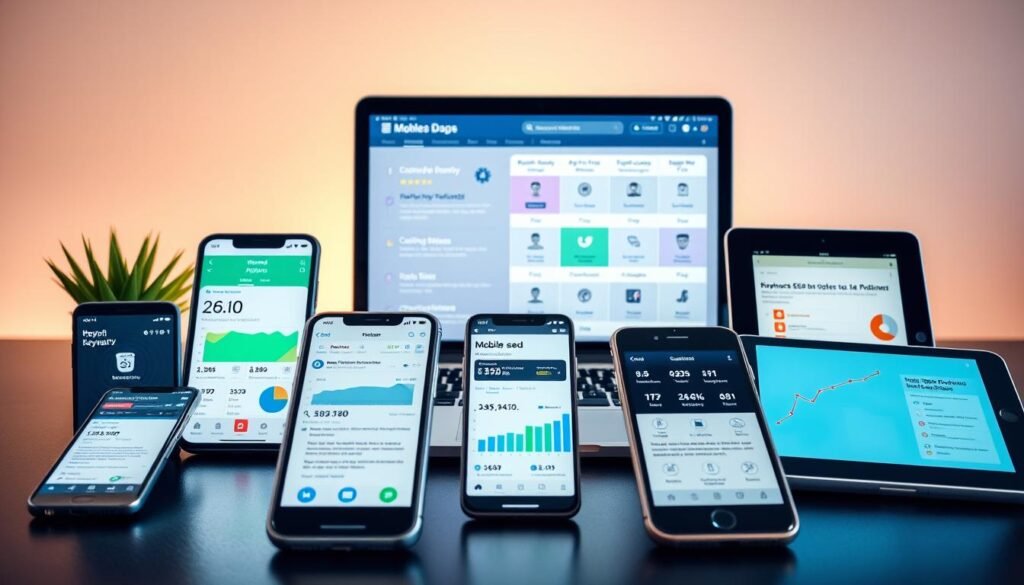 A sleek, modern workspace with a neatly arranged array of mobile devices, showcasing various mobile SEO tools. The foreground features a selection of smartphones and tablets, each displaying different app interfaces related to SEO analytics, keyword research, and content optimization. The middle ground contains a laptop or tablet displaying comparative performance metrics and user reviews of the featured tools. The background has a minimalist, clean design with a soft, warm lighting that enhances the professional, tech-savvy atmosphere. The overall composition conveys a sense of productivity, efficiency, and informed decision-making for small business owners seeking to optimize their mobile SEO strategies.
