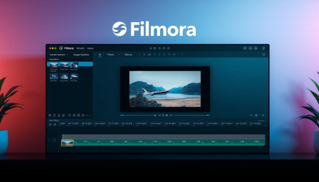 A sleek, user-friendly video editing software interface with a clean, modern layout. The Filmora logo prominently displayed at the top, surrounded by various editing tools and panels neatly arranged for intuitive navigation. The central timeline showcases a video clip, with intuitive controls for trimming, adding effects, and adjusting audio levels. Subtle gradients and soft lighting create a welcoming, approachable atmosphere, ideal for beginner video editors. The overall composition conveys a sense of versatility and ease of use, reflecting Filmora's reputation as a powerful yet accessible video editing solution.