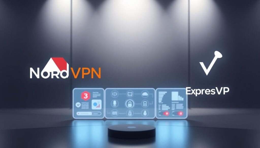 A striking visual comparison of the leading VPN services, NordVPN and ExpressVPN, presented against a sleek, minimalist backdrop. In the foreground, two high-resolution logos prominently displayed, their distinct designs and colors creating a sense of contrast and competition. The middle ground features a series of technical icons and data visualizations, conveying the key features and performance metrics of each VPN. Subtle lighting casts a soft, professional glow, while a shallow depth of field focuses the viewer's attention on the central elements. The overall mood is one of clarity, authority, and technological sophistication, aligning with the subject matter of the "Overview of Leading VPNs" section.