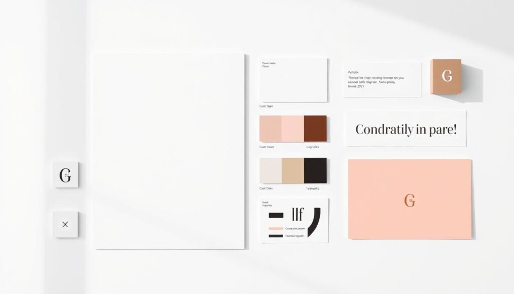 A stylish and minimalist brand kit displayed on a clean, white background. The kit features a sleek, modern logo, a palette of cohesive brand colors, and a selection of elegant typography options. The layout is arranged with careful attention to balance and hierarchy, showcasing the key elements in a visually appealing manner. Soft, diffused lighting illuminates the kit, creating a professional and aspirational atmosphere. The overall composition is simple yet impactful, effectively communicating the capabilities and benefits of Canva's brand kit functionality.