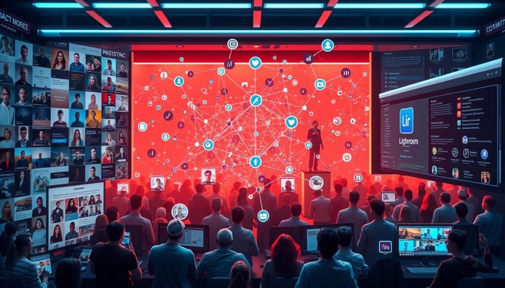 A vibrant, digital community hub showcasing a variety of Lightroom resources. In the foreground, a collage of user-created Lightroom presets, tutorials, and editing tips. The middle ground features a dynamic network of connected users, avatars, and social media icons, hinting at the collaborative nature of the Lightroom community. The background depicts a sleek, high-tech interface, with customizable panels, plugins, and other Lightroom tools, all bathed in a warm, inviting glow. The overall scene conveys a sense of creativity, connectivity, and the wealth of knowledge and support available to Lightroom users, both beginner and advanced.