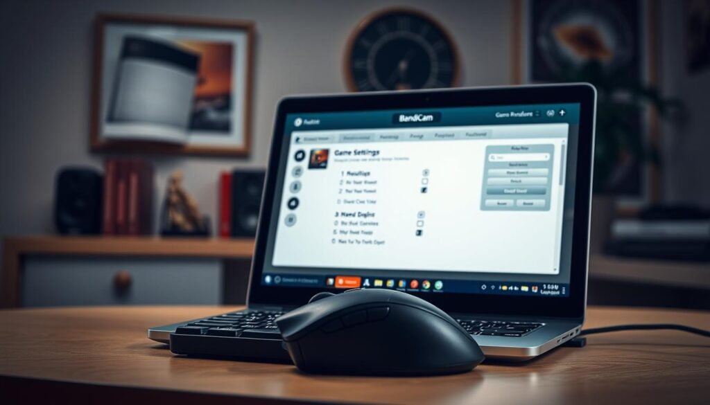 A vibrant, well-lit desktop scene showcasing a Bandicam game recording interface. In the foreground, a laptop or desktop computer displays the Bandicam application, its intuitive controls and recording settings prominently featured. In the middle ground, a gaming mouse and keyboard sit ready for action, exuding a sense of immersion and productivity. The background features tasteful, neutral-toned office decor, creating a professional, yet inviting atmosphere. Soft, directional lighting illuminates the scene, highlighting the clean lines and attention to detail of the Bandicam software. The overall composition conveys the power and ease of use of this top-tier game recording tool.
