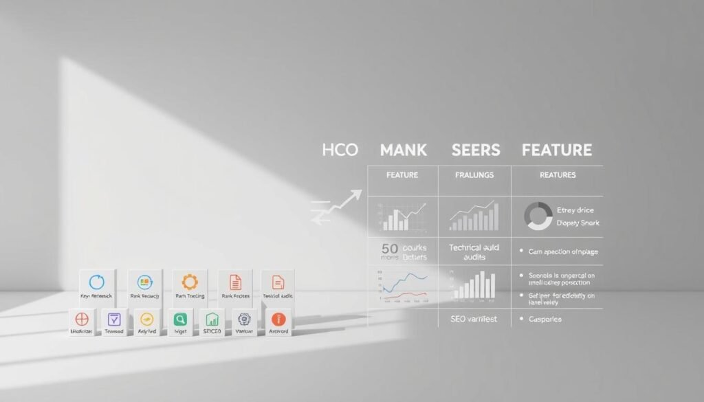 A visually striking comparison of essential SEO software features, presented against a minimalist, monochromatic backdrop. The foreground showcases a series of neatly arranged software icons, each representing a core functionality like keyword research, rank tracking, and technical audits. The middle ground features sleek data visualizations, charts, and graphs highlighting the relative strengths and capabilities of each tool. The background subtly suggests a digital landscape, with subtle grid patterns and geometric shapes, creating a sense of technological sophistication. Soft, directional lighting casts a sense of depth and dimensionality, while a muted color palette reinforces the professional, analytical tone. The overall composition conveys a clear, concise, and visually engaging depiction of the key features to consider when choosing the best SEO software for your small business.