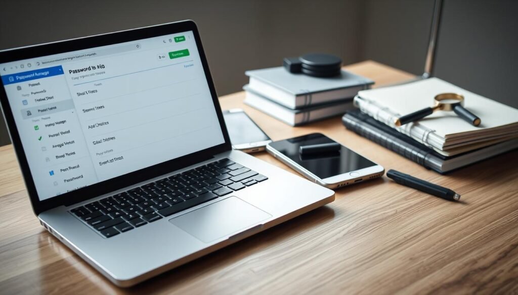 A well-lit, angled tabletop scene showcasing essential password management best practices. In the foreground, a laptop displays an open password manager app with secure passwords. In the middle ground, a smartphone and tablet demonstrate multi-device access. The background features a stack of notebooks, a secure USB drive, and a magnifying glass examining a password. Soft, neutral lighting illuminates the setup, conveying a sense of order and security. The composition emphasizes the key elements of a comprehensive password management strategy.