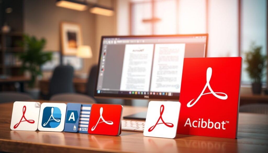 A well-lit, contemporary desktop scene showcasing a variety of popular PDF editing software. In the foreground, several software icons and logos are neatly arranged, including Smallpdf, Microsoft Word, and Adobe Acrobat. The middle ground features open PDF documents on a sleek, minimalist monitor, demonstrating the editing capabilities of these tools. The background depicts a softly blurred office environment, suggesting a productive, professional atmosphere. The lighting is warm and natural, creating a pleasant, inviting ambiance. The overall composition is balanced and visually appealing, highlighting the comparison of these PDF editing solutions.