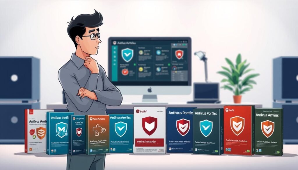 A well-lit, high-resolution illustration depicting the act of "choosing the right antivirus". In the foreground, a person stands thoughtfully, examining a variety of antivirus software packages arrayed before them. The packages are presented in a clean, organized manner, each with distinctive branding and features. The person's expression conveys careful consideration, weighing the pros and cons of each option. The middle ground features a sleek, modern desktop workspace, with a computer monitor displaying information about the antivirus products. The background is a minimalist, slightly blurred office setting, providing a sense of professionalism and focus. The overall mood is one of informed decision-making, with the scene conveying the importance of selecting the appropriate antivirus protection.