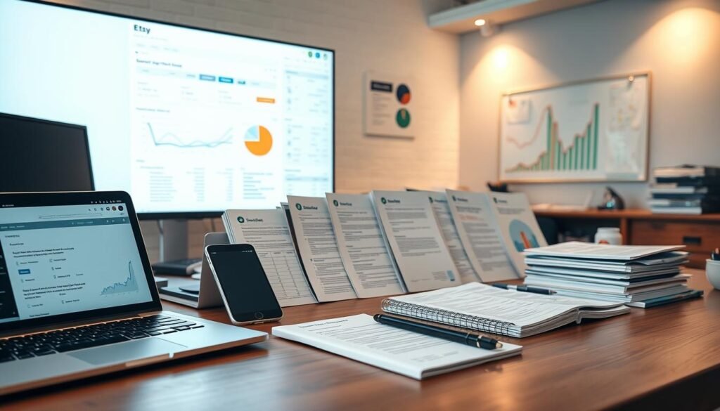 A well-lit office setting with an array of Etsy SEO tools displayed on a wooden desk. In the foreground, a high-quality laptop, smartphone, and notepad showcase various Etsy SEO analysis and optimization apps. The middle ground features a neatly organized collection of printed reports, manuals, and checklists related to Etsy search engine optimization. In the background, a large monitor displays Etsy analytics and performance metrics, illuminated by soft, directional lighting. The overall atmosphere conveys a professional, productive, and data-driven approach to improving Etsy search visibility and driving sales.