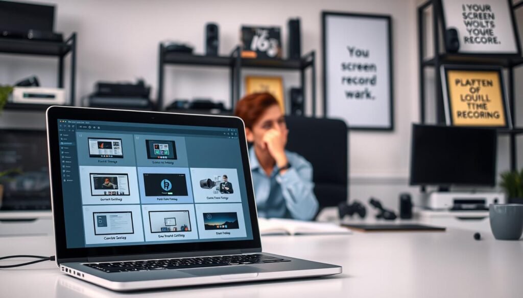 A well-lit office workspace with a computer monitor displaying various screen recording software options. The foreground features an open laptop showcasing a comparison of program interfaces, while the middle ground has a person thoughtfully considering their choices. The background has shelves of tech gadgets and framed inspirational quotes, creating a professional yet creative atmosphere. The lighting is soft and diffused, highlighting the decision-making process. The overall mood conveys a sense of careful evaluation and informed decision-making.