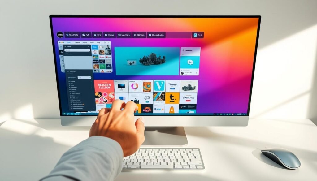Canva Free design software, a vibrant and intuitive platform, takes center stage on a sleek desktop setup. Soft natural lighting illuminates the seamless interface, showcasing a myriad of customizable templates, graphics, and tools. In the foreground, a user's hand gracefully navigates the mouse, effortlessly crafting visually captivating designs. The middle ground depicts a collection of digital assets, from elegant typography to vibrant illustrations, all easily accessible within the Canva ecosystem. The background reveals a minimalist workspace, with clean lines and a serene atmosphere, inviting users to unleash their creativity. This image encapsulates the power and simplicity of Canva Free, empowering individuals to create professional-grade designs without complex software or steep learning curves.