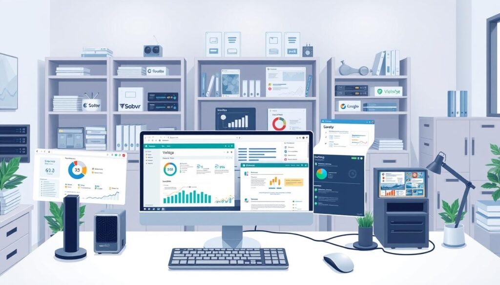 Detailed illustration of a modern office workspace with various SEO tools and software for VPS hosting prominently displayed. In the foreground, a high-quality desktop computer, keyboard, and mouse are arranged neatly on a sleek, minimalist desk. The middle ground features various software windows and browser tabs open, showcasing SEO analytics, keyword research, and website optimization tools. In the background, shelves and filing cabinets hold additional software packages, hardware components, and reference materials related to VPS hosting and SEO. Soft, directional lighting illuminates the scene, creating a professional, productive atmosphere. The overall composition conveys the power and versatility of the top SEO tools perfect for VPS hosting.