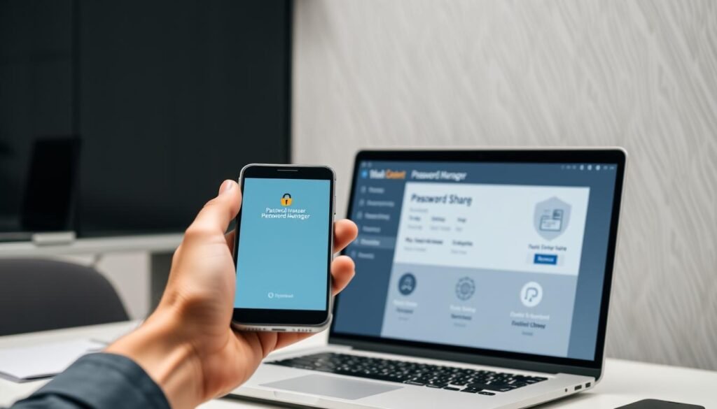 A clean, well-lit office setting with a desk, laptop, and a third-party password manager software window open. In the foreground, a hand holds a smartphone, highlighting the secure access and syncing capabilities of the password manager. The middle ground showcases various icons representing the key benefits: password sharing, multi-device support, robust encryption, and automatic form filling. The background features a subtle pattern or texture that conveys a sense of digital security and reliability. The overall mood is professional, modern, and focused on the advantages of using a dedicated password management solution.
