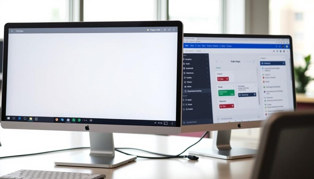 A contemporary office setting, with two computer screens prominently displayed. On the left, the screen shows a sleek, minimalist interface - this is Project for the Web, with its clean lines and intuitive user experience. On the right, the screen showcases a more robust and feature-rich dashboard - this is Project Online, with its advanced project management capabilities. The lighting is soft and natural, creating a sense of professionalism and productivity. The camera angle is slightly elevated, giving the viewer a birds-eye perspective on the workspace. The background is blurred, keeping the focus on the two screens and the contrast between the two project management solutions. The overall mood is one of contemplation and decision-making, as the viewer is invited to consider the strengths and limitations of each tool, and how they might fit the specific needs of the "Use Cases for Project for the Web" section. A contemporary office setting, with two computer screens prominently displayed. On the left, the screen shows a sleek, minimalist interface - this is Project for the Web, with its clean lines and intuitive user experience. On the right, the screen showcases a more robust and feature-rich dashboard - this is Project Online, with its advanced project management capabilities. The lighting is soft and natural, creating a sense of professionalism and productivity. The camera angle is slightly elevated, giving the viewer a birds-eye perspective on the workspace. The background is blurred, keeping the focus on the two screens and the contrast between the two project management solutions. The overall mood is one of contemplation and decision-making, as the viewer is invited to consider the strengths and limitations of each tool, and how they might fit the specific needs of the "Use Cases for Project for the Web" section.