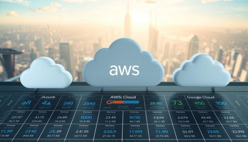 A detailed comparison of cloud computing platforms, showcasing their scalability and performance capabilities. In the foreground, three distinct cloud icons - Azure, AWS, and Google Cloud - stand side by side, their sizes dynamically changing to represent their respective scaling potential. The middle ground features a grid-like layout, with various metrics and benchmarks displayed, including CPU, memory, storage, and network performance. The background depicts a softly lit, futuristic cityscape, suggesting the vast scale and interconnectivity of modern cloud infrastructure. The overall scene conveys a sense of technological prowess, data-driven decision-making, and the seamless integration of cloud services.