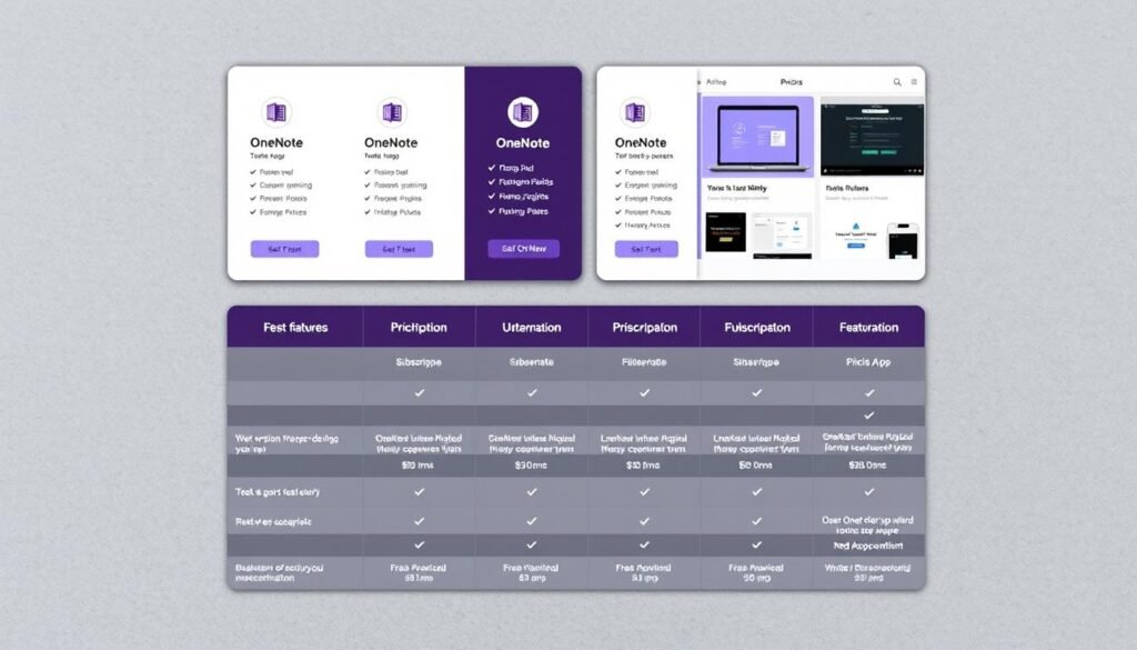 A detailed comparison of pricing and features for OneNote alternatives, showcased in a sleek, modern layout. In the foreground, a neatly arranged grid displays the subscription plans and pricing tiers of various note-taking apps, each with a clean and minimalist icon. The middle ground features side-by-side screenshots of the apps' interfaces, highlighting their unique capabilities. The background depicts a subtle, textured surface, lending a sense of sophistication and professionalism to the scene. The overall mood is one of informed decision-making, with a focus on providing the viewer with a comprehensive overview of the pricing and value proposition of these OneNote alternatives.