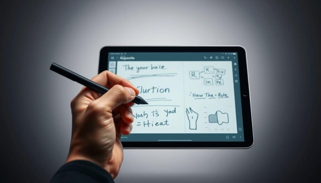 A detailed, high-resolution photograph of handwriting recognition in a modern note-taking app interface. The foreground depicts a hand holding a stylus on a tablet screen, with smooth, natural strokes of digital ink forming words and diagrams. The middle ground shows the app's interface, with sleek, minimalist UI elements, precise line art, and subtle shading. The background features a softly blurred, monochromatic backdrop, giving the scene a polished, professional look. The lighting is soft and even, with a slight ambient glow to enhance the digital aesthetics. The overall mood is one of streamlined productivity and intuitive digital creativity.