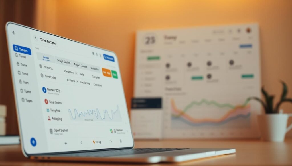 A detailed, well-designed time tracking app interface showcasing key features. A clean, minimalist layout with intuitive menus and controls. In the foreground, a dashboard displaying time entries, project progress, and productivity analytics. In the middle ground, customizable widgets for time entry, team collaboration, and reporting. In the background, a subtle grid or calendar view providing temporal context. Warm, muted lighting creates a calming, focused atmosphere, with a soft, natural color palette. Rendered with a cinematic, slightly tilted camera angle to emphasize the app's streamlined functionality and user-friendly design.