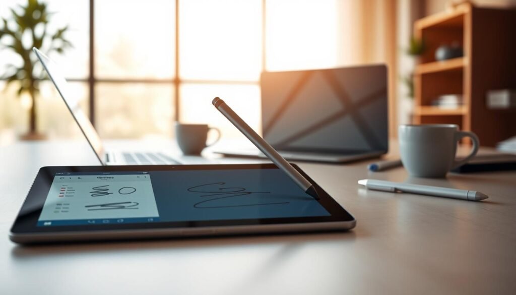 A digital workspace with a sleek tablet device, its screen displaying a note-taking app interface. In the foreground, a stylus hovers over the tablet, ready to capture handwritten notes. The middle ground features a minimalist desk setup, with a laptop and a coffee mug, hinting at the seamless integration of typing and handwriting. The background depicts a serene, modern office environment, with large windows letting in natural light that casts a warm, productive glow. The overall scene conveys a sense of effortless collaboration between digital and analog note-taking, inviting the viewer to explore the possibilities of combining handwriting and typing for optimal note-taking experiences. A digital workspace with a sleek tablet device, its screen displaying a note-taking app interface. In the foreground, a stylus hovers over the tablet, ready to capture handwritten notes. The middle ground features a minimalist desk setup, with a laptop and a coffee mug, hinting at the seamless integration of typing and handwriting. The background depicts a serene, modern office environment, with large windows letting in natural light that casts a warm, productive glow. The overall scene conveys a sense of effortless collaboration between digital and analog note-taking, inviting the viewer to explore the possibilities of combining handwriting and typing for optimal note-taking experiences.