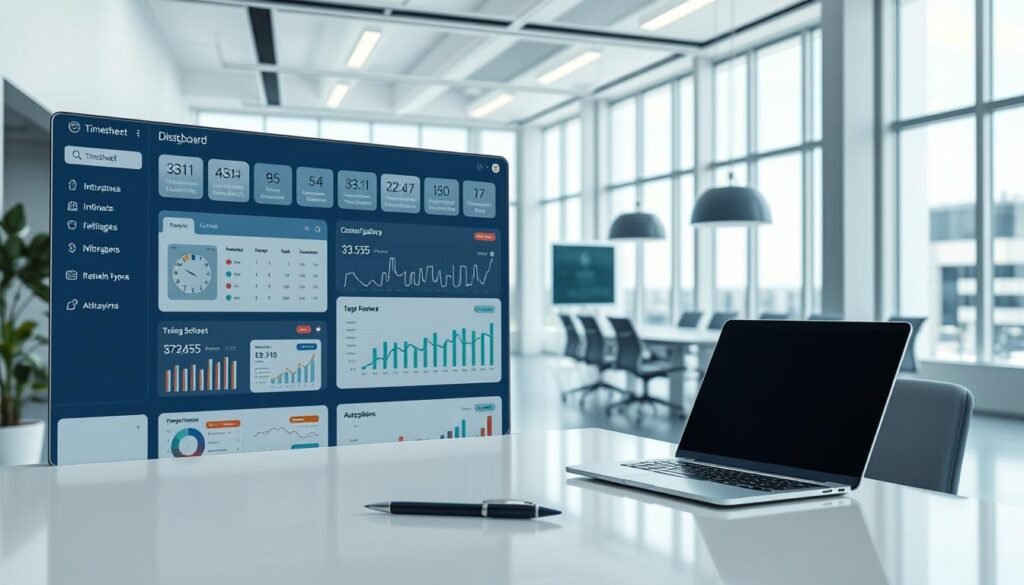 A futuristic and minimalist office space with a prominent digital dashboard showcasing various timesheet automation tools. The dashboard features intuitive interfaces, customizable widgets, and real-time data visualizations. In the foreground, a sleek laptop and a stylized pen sit on a clean, white desk, creating a sense of efficiency and productivity. The middle ground features ergonomic office chairs and a collaborative meeting table, hinting at the tools' ability to streamline team collaboration. The background depicts floor-to-ceiling windows, allowing natural light to flood the space and creating a bright, airy atmosphere. Soft, directional lighting accentuates the modern, tech-forward aesthetic, conveying the future-proof nature of these timesheet automation solutions.