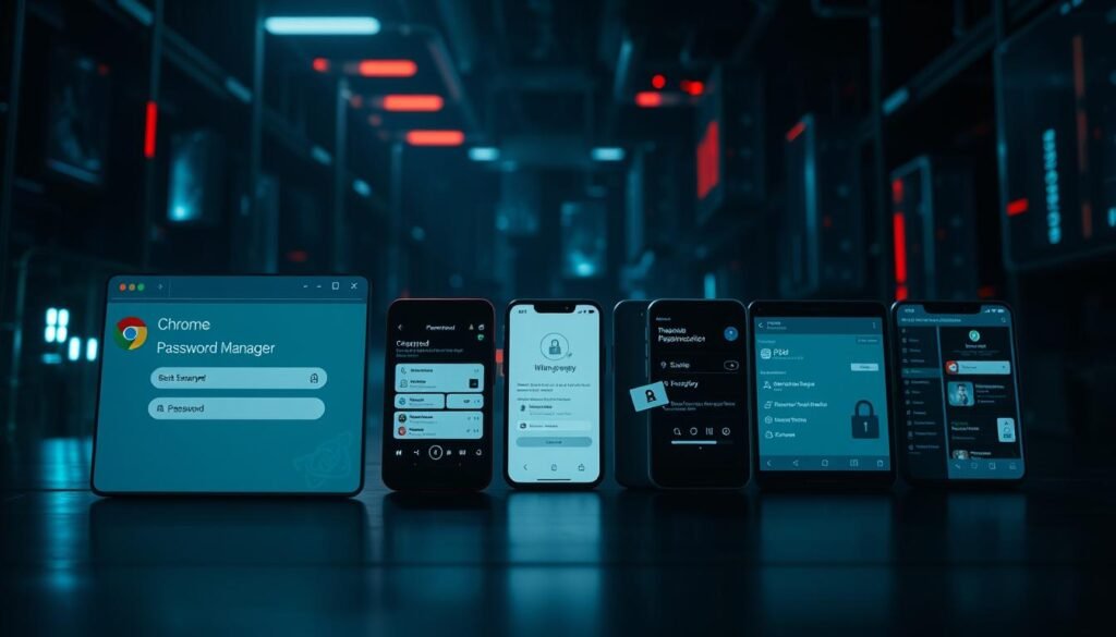 A high-contrast, cinematic comparison of password manager security features. In the foreground, a Chrome browser window displays its built-in password manager, with a focus on its basic security functions. In the middle ground, a series of sleek, modern third-party password manager apps are arrayed, showcasing their advanced encryption, multi-factor authentication, and secure storage capabilities. The background depicts a dimly lit, moody cybersecurity landscape, with glowing data streams and ominous network infrastructure, emphasizing the importance of robust password management in the digital age. Dramatic lighting and a depth-of-field effect create a sense of visual hierarchy and technical sophistication.