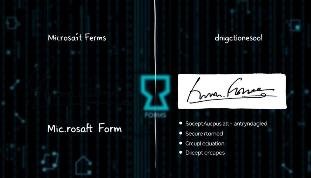 A high-contrast, side-by-side comparison of a digital signature from Microsoft Forms and a secure e-signature from a dedicated tool. In the foreground, a hand-drawn sketch-like illustration depicts the two signatures, with the Microsoft Forms signature appearing more simplistic and the e-signature tool's version showcasing advanced security features like tamper-evident seals, biometric authentication, and encryption. The middle ground features a stylized grid or matrix background, alluding to the technological infrastructure powering these digital security measures. The overall mood is one of technical sophistication and visual clarity, highlighting the differences in security protocols between the two options.