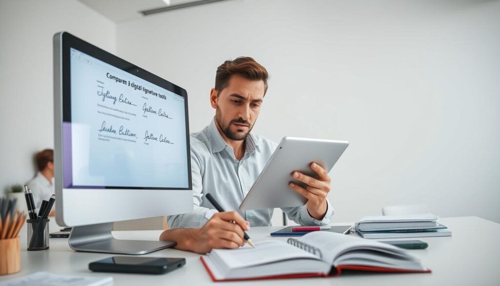 A high-quality image of a modern office workspace, with a desktop computer, tablet, and various stationery items. In the foreground, a person is carefully reviewing and comparing digital signature tools on the computer screen, their face expressing focused contemplation. The middle ground features an open notebook and a variety of electronic devices, symbolizing the decision-making process. The background showcases a minimalist, well-lit room with clean lines and neutral tones, creating a professional and serene atmosphere. The lighting is soft and diffused, highlighting the subject's engagement with the task at hand. The overall composition conveys a sense of thoughtful consideration and the importance of choosing the right e-signature solution.