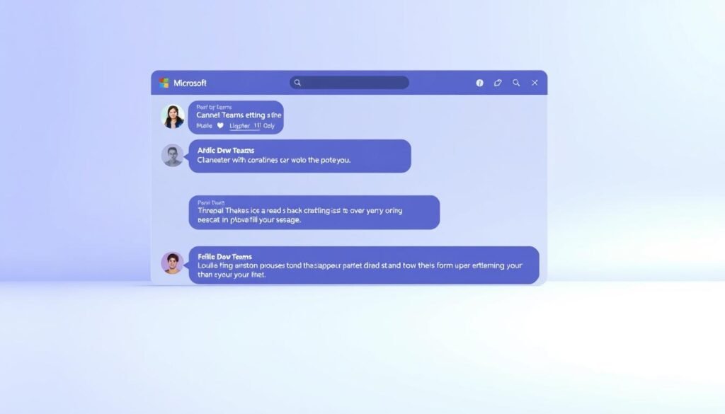 A minimalist, clean, and well-organized chat stream in the Microsoft Teams interface. The foreground features a simple conversation thread with succinct, natural-looking messages exchanged between two users. The middle ground showcases the main Teams UI elements like the channel navigation, search bar, and user status indicators. The background has a subtle, soft gradient providing a sense of depth and digital ambiance. The lighting is even and professional, with a slight cool tone reflecting the modern aesthetic of the Teams platform. The overall composition conveys a streamlined, efficient, and intuitive chat experience suitable for a business environment.
