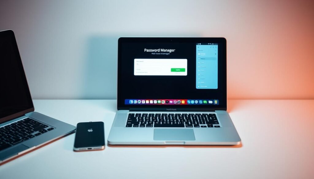 A minimalist desk setup with a laptop, smartphone, and security token. The laptop screen displays a password manager app interface, showcasing seamless integration between devices. Soft, diffused lighting illuminates the scene, creating a professional, productivity-focused atmosphere. The smartphone and security token emphasize the multi-factor authentication aspect of the password manager, underscoring its security capabilities. The composition highlights the interconnectivity and convenience of a robust password management solution, essential for the modern, tech-savvy professional.