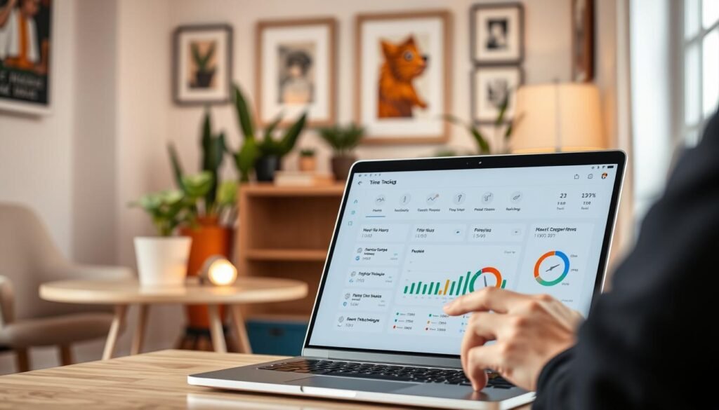 A modern and minimalist time tracking software interface for consultants, featuring a clean dashboard with intuitive widgets to monitor billable hours, project progress, and team productivity. The foreground showcases a laptop screen displaying a sleek, responsive UI with clean typography and circular progress indicators. In the middle ground, a consultant's hand interacts with the touchpad, while the background depicts a cozy home office setting with warm lighting, potted plants, and framed artwork on the walls, creating a productive and inspiring atmosphere.