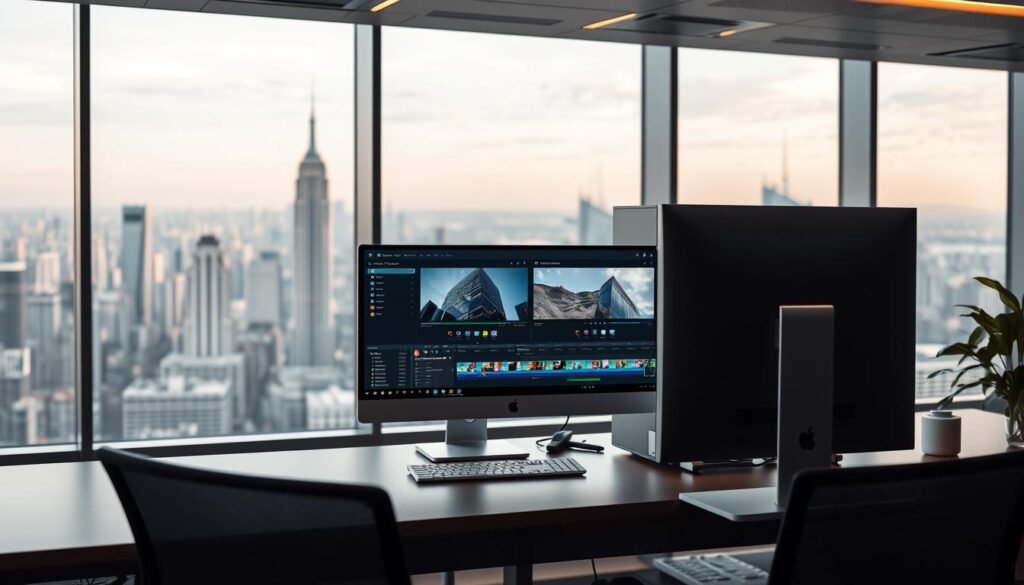 A modern, high-tech office setting with a sleek, minimalist design. In the foreground, a large, high-resolution display showcases the ClipChamp video editing suite, its intuitive interface and array of tools prominently featured. The middle ground features a professional-grade desktop computer, its silver chassis gleaming under soft, diffused lighting. In the background, a panoramic window overlooks a bustling city skyline, creating a sense of urban dynamism and innovation. The overall mood is one of efficiency, productivity, and the seamless integration of technology into the creative workflow.