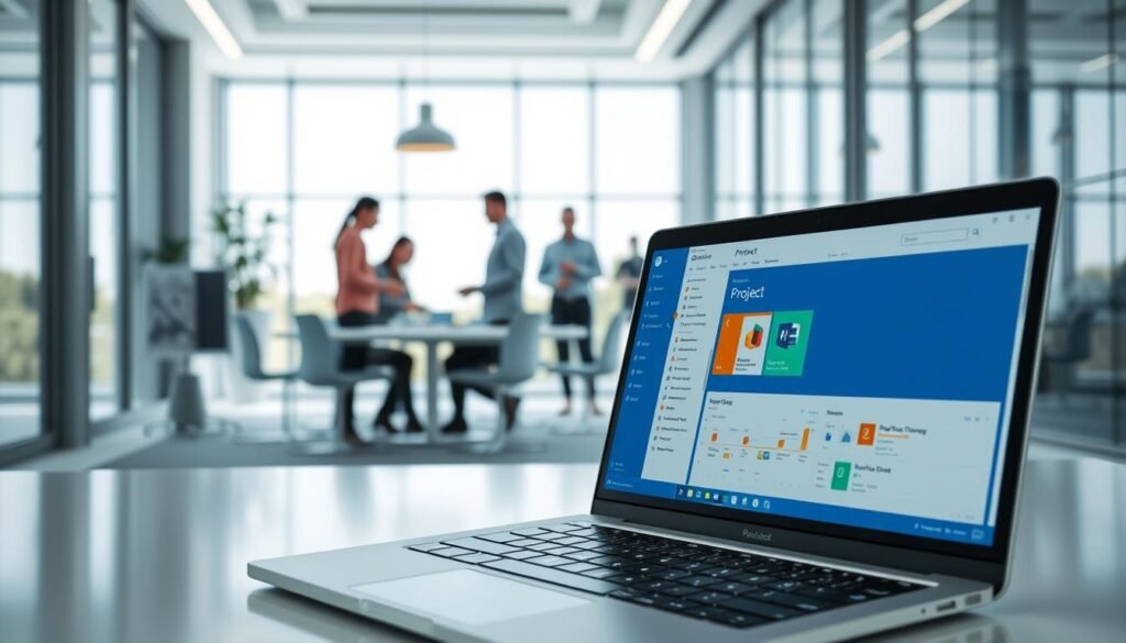 A modern office environment with a focus on Microsoft Project integration. In the foreground, a laptop screen displays the Project interface, showcasing seamless integration with other Microsoft products like Office 365. In the middle ground, a team of business professionals collaborates, utilizing the project management capabilities. The background features a sleek, minimalist workspace with large windows allowing natural light to flood the space, creating a productive and efficient atmosphere. The lighting is soft and balanced, accentuating the clean, professional design. The camera angle is slightly elevated, providing a comprehensive view of the integrated workspace.