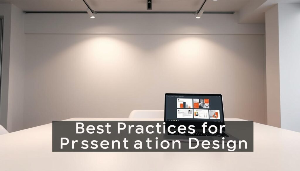 A modern office interior with a large white desk, minimalist and clean design. On the desk, a laptop displays an open PowerPoint presentation, with multiple slides arranged and linked together, showcasing an elegant and cohesive visual style. Soft, diffused lighting from overhead fixtures casts a warm glow, creating a professional and productive atmosphere. The background features muted tones, allowing the presentation on the screen to be the focal point. The composition emphasizes the seamless integration of technology and design, reflecting the "Best Practices for Presentation Design" theme.
