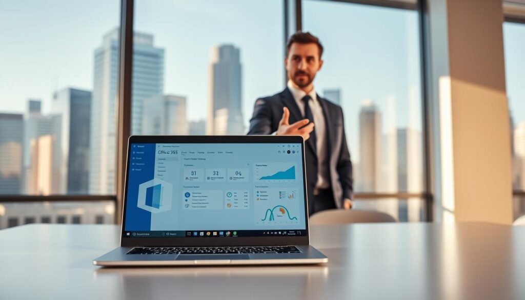 A modern office setting, with clean lines and minimalist design. In the foreground, a sleek laptop displays the Office 365 logo, its screen showing a CRM dashboard filled with customer data and integration tools. In the middle ground, a businessman gestures towards the laptop, explaining the seamless integration between the productivity suite and the customer relationship management platform. The background features large windows overlooking a bustling city skyline, bathed in warm, natural lighting that creates a professional, yet inviting atmosphere. The scene conveys the efficiency and power of combining Office 365's capabilities with a robust CRM solution to streamline business operations and enhance customer engagement.