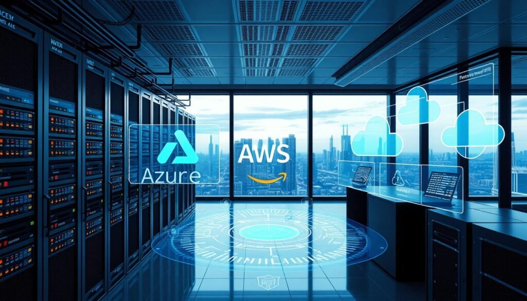 A photorealistic image of a data center interior, showcasing cloud storage solutions from Azure, AWS, and Google Cloud. The foreground features racks of servers, blinking indicator lights, and sleek data storage devices. The middle ground displays holographic interfaces and virtual dashboards, highlighting storage capacity, data transfer speeds, and security features. In the background, large windows offer a panoramic view of a futuristic cityscape, symbolizing the global reach and interconnectivity of these cloud platforms. The scene is bathed in a cool, blue-tinted lighting, creating a sense of technological sophistication and innovation.