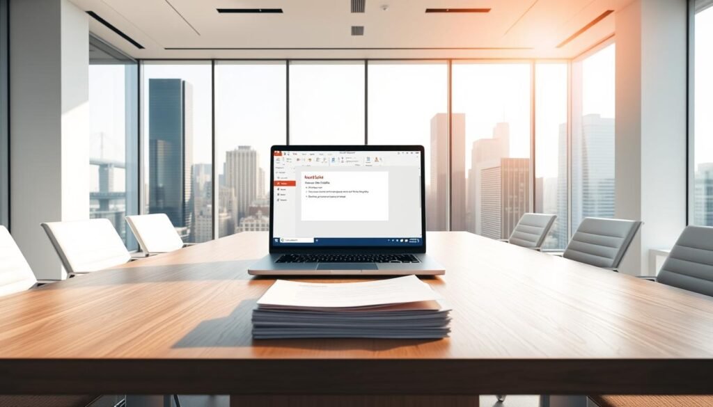 A pristine white conference room with floor-to-ceiling windows overlooking a city skyline. At the center, a sleek wooden table hosts an open laptop and a neatly organized stack of documents. On the laptop screen, a PowerPoint presentation is displayed, with a highlighted option to "Embed Linked Slides". The room is bathed in warm, natural light, creating a sense of productivity and focus. The overall atmosphere is one of professionalism and digital efficiency, perfectly capturing the "Setting Up Your Slides for Linking" section of the article.