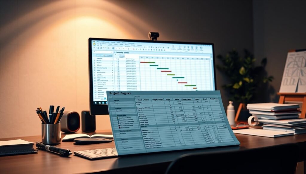 A professional and well-organized office workspace with a large desk, a modern computer monitor, and various office supplies. In the foreground, an open Microsoft Excel spreadsheet is displayed, showcasing a detailed project management plan with Gantt charts, task lists, and resource allocation. The lighting is warm and focused, creating a productive and analytical atmosphere. The background features a minimalist, neutral-toned wall, with subtle shadows and textures to provide depth and visual interest. The overall composition conveys the versatility and power of Excel as a project management tool. A professional and well-organized office workspace with a large desk, a modern computer monitor, and various office supplies. In the foreground, an open Microsoft Excel spreadsheet is displayed, showcasing a detailed project management plan with Gantt charts, task lists, and resource allocation. The lighting is warm and focused, creating a productive and analytical atmosphere. The background features a minimalist, neutral-toned wall, with subtle shadows and textures to provide depth and visual interest. The overall composition conveys the versatility and power of Excel as a project management tool.