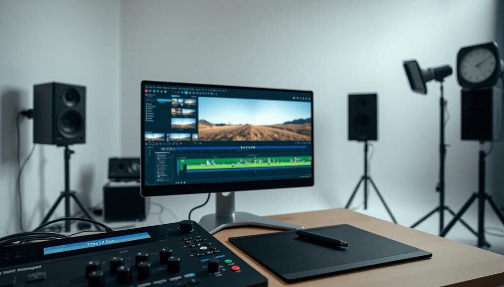 A professional video editor's workspace with a computer monitor displaying a timelapse video editing interface. The foreground features editing tools, sliders, and playback controls. The middle ground showcases a timeline with video clips arranged in a smooth, rhythmic sequence. The background depicts a clean, minimalist studio setting with soft, directional lighting creating a focused, productive atmosphere. Technical details include a high-resolution display, a pressure-sensitive graphics tablet, and a well-organized cable management system. The overall scene conveys a sense of expertise, efficiency, and the art of crafting visually compelling timelapse videos.