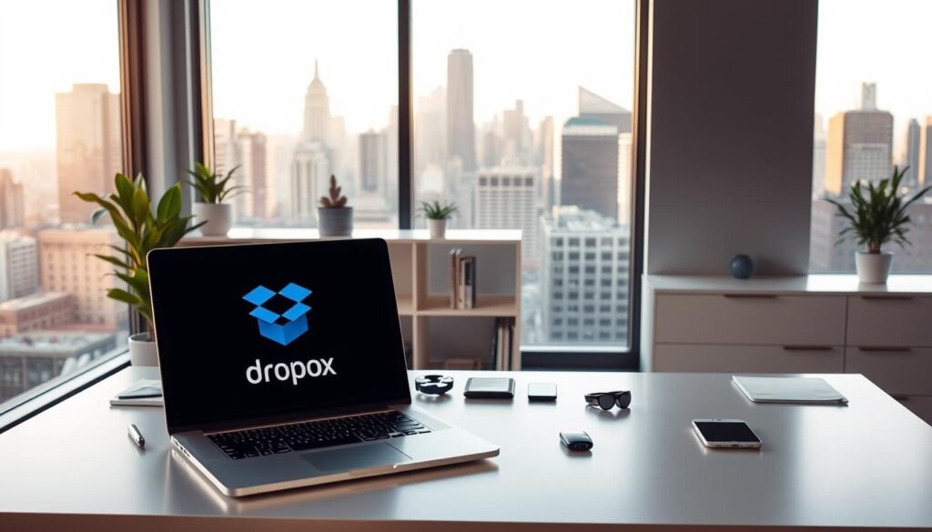 A professional, well-lit office setting with a large window overlooking a bustling city skyline. In the foreground, a sleek, modern desk with a Dropbox logo prominently displayed on a laptop screen. On the desk, various productivity tools and devices are neatly arranged, suggesting the seamless integration of Dropbox's cloud storage and file-sharing capabilities. The middle ground features a minimalist bookshelf with a few carefully curated books and plants, creating a sense of balance and organization. The background showcases the cityscape, bathed in warm, golden hour lighting, conveying a sense of productivity, efficiency, and the digital workforce's reliance on cloud-based solutions like Dropbox.