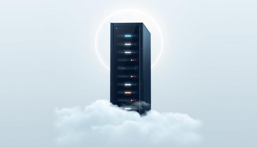 A serene, minimalist illustration of cloud storage security measures. In the foreground, a sleek, modern data server rack stands tall, its LED lights pulsing with digital activity. Surrounding it, a halo of light emanates, signifying the secure data encryption and access controls. In the middle ground, wispy clouds float gently, symbolizing the ethereal nature of cloud storage. The background is a soft gradient, creating a sense of depth and tranquility. The overall scene conveys a feeling of robust yet elegant data protection, suitable for professional cloud storage solutions.