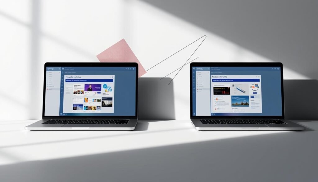 A side-by-side comparison of Microsoft's Project for the Web and Project Online, captured in a sleek, minimalist rendering. In the foreground, two laptop screens display the distinct user interfaces of the two platforms, highlighting their visual differences. The middle ground features abstract geometric shapes and line work, symbolizing the technical capabilities and integrations of each solution. The background is a soft, neutral palette, creating a clean, professional atmosphere. Dramatic lighting from the side casts dramatic shadows, emphasizing the contrast between the two products. The overall composition conveys a sense of authority and clarity, guiding the viewer's understanding of the key distinctions between Project for the Web and Project Online. A side-by-side comparison of Microsoft's Project for the Web and Project Online, captured in a sleek, minimalist rendering. In the foreground, two laptop screens display the distinct user interfaces of the two platforms, highlighting their visual differences. The middle ground features abstract geometric shapes and line work, symbolizing the technical capabilities and integrations of each solution. The background is a soft, neutral palette, creating a clean, professional atmosphere. Dramatic lighting from the side casts dramatic shadows, emphasizing the contrast between the two products. The overall composition conveys a sense of authority and clarity, guiding the viewer's understanding of the key distinctions between Project for the Web and Project Online.