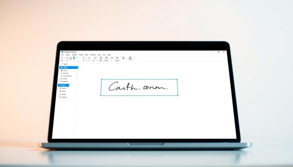 A sleek and modern software interface with a clean, minimal design. The foreground features a Microsoft Forms window showcasing a digital signature field, its outline highlighted in a subtle blue hue. The middle ground depicts a laptop or tablet device, its screen angled to showcase the signature collection process. The background is a soft, blurred gradient, creating a sense of depth and focus on the core functionality. Warm, directional lighting casts gentle shadows, emphasizing the tactile and interactive nature of the digital signature workflow. The overall mood is one of professionalism, efficiency, and the seamless integration of technology into everyday business processes. A sleek and modern software interface with a clean, minimal design. The foreground features a Microsoft Forms window showcasing a digital signature field, its outline highlighted in a subtle blue hue. The middle ground depicts a laptop or tablet device, its screen angled to showcase the signature collection process. The background is a soft, blurred gradient, creating a sense of depth and focus on the core functionality. Warm, directional lighting casts gentle shadows, emphasizing the tactile and interactive nature of the digital signature workflow. The overall mood is one of professionalism, efficiency, and the seamless integration of technology into everyday business processes.