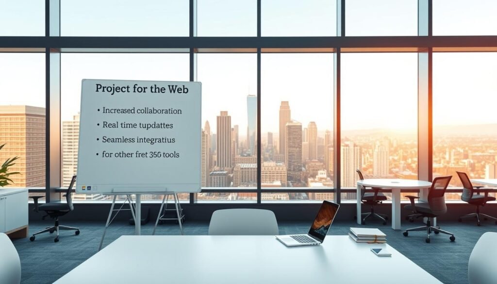 A sleek, modern office interior with large windows overlooking a cityscape. In the foreground, a minimalist white desk with a laptop and a few office supplies. Behind it, a whiteboard displays a list of the advantages of "Project for the Web" - increased collaboration, real-time updates, mobile accessibility, and seamless integration with other Microsoft 365 tools. The middle ground features ergonomic chairs and collaboration spaces, while the background showcases the bustling city skyline bathed in warm, natural lighting through the windows. The overall atmosphere conveys productivity, efficiency, and the benefits of using a modern, cloud-based project management solution.