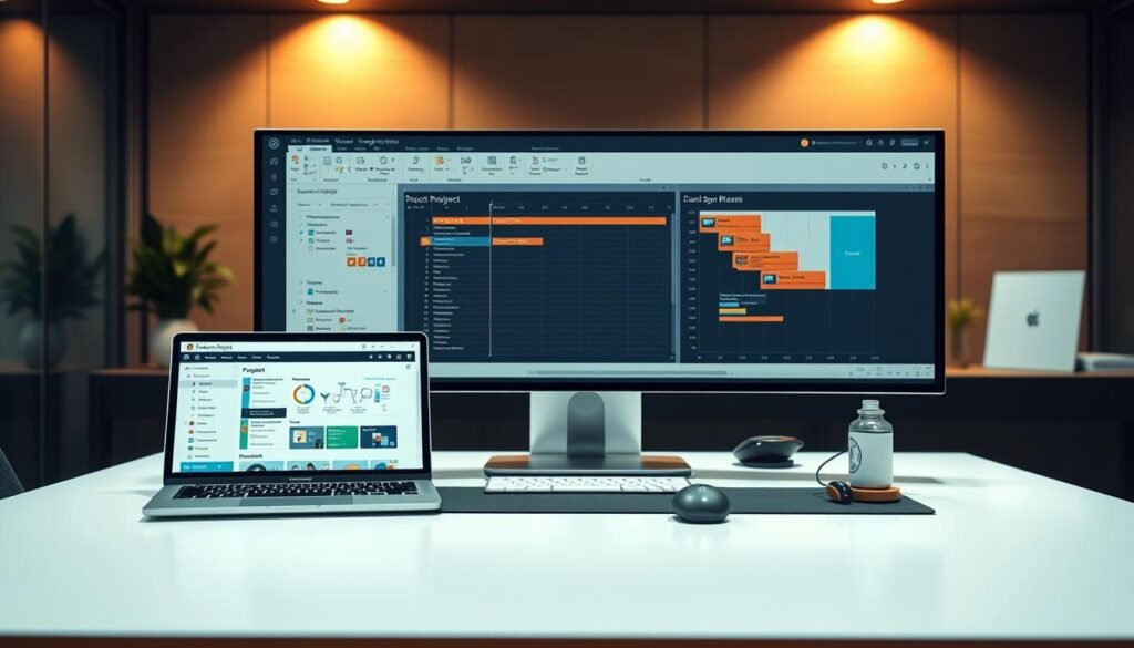 A sleek, modern office setting with a large, ultra-high-resolution display showcasing the Microsoft Project management interface. The screen is crisp and clear, displaying various project management tools, Gantt charts, and task timelines. Elegant and minimalist desk setup with a high-end laptop, precision mouse, and stylish office accessories. Warm, directional lighting illuminates the scene, creating a professional and productive atmosphere. The background is blurred, allowing the Microsoft Project interface to take center stage as the focal point. An authoritative, sophisticated, and technological vibe permeates the image, perfectly capturing the essence of Microsoft's comprehensive project management solution. A sleek, modern office setting with a large, ultra-high-resolution display showcasing the Microsoft Project management interface. The screen is crisp and clear, displaying various project management tools, Gantt charts, and task timelines. Elegant and minimalist desk setup with a high-end laptop, precision mouse, and stylish office accessories. Warm, directional lighting illuminates the scene, creating a professional and productive atmosphere. The background is blurred, allowing the Microsoft Project interface to take center stage as the focal point. An authoritative, sophisticated, and technological vibe permeates the image, perfectly capturing the essence of Microsoft's comprehensive project management solution.